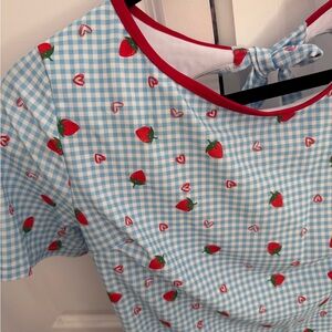 Blue Gingham Strawberry Print Top
